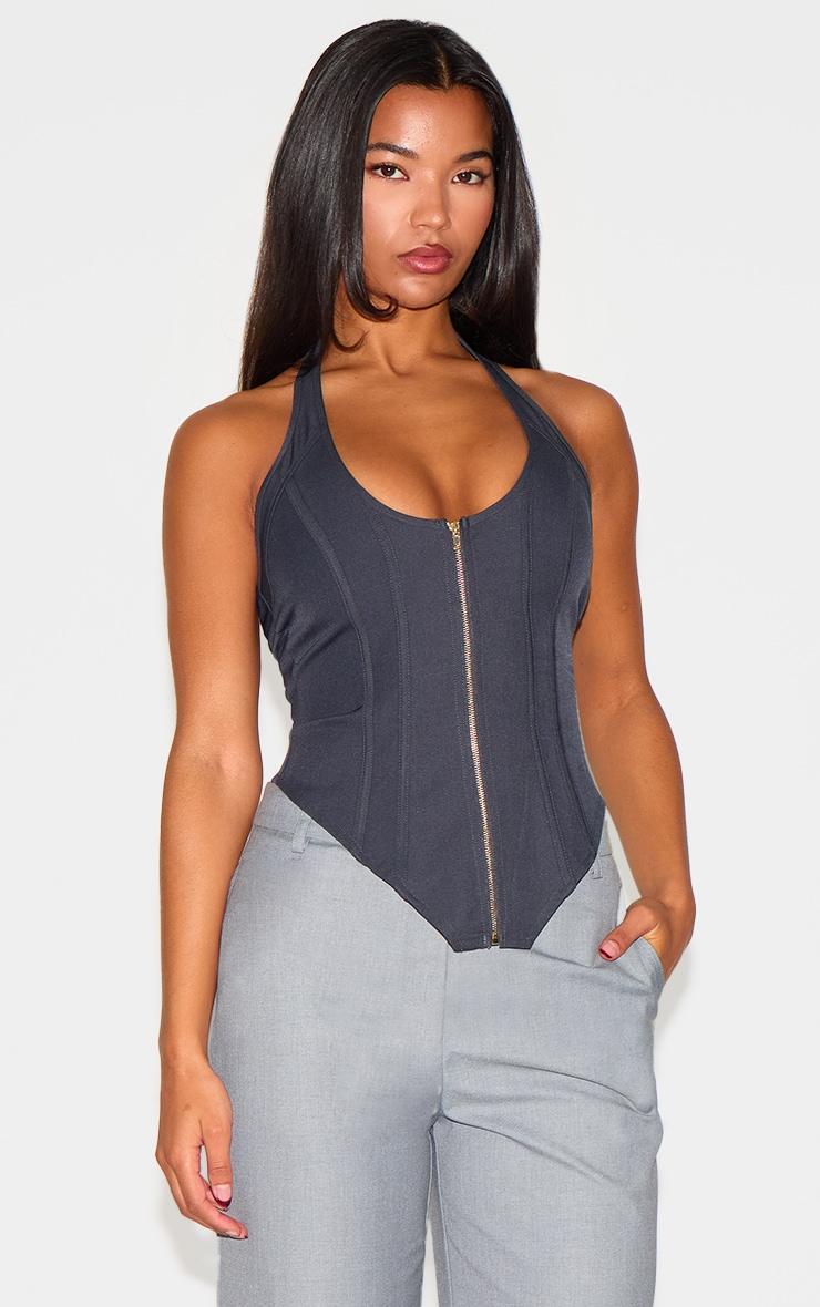 Navy Boned Dip Hem Corset Product Image