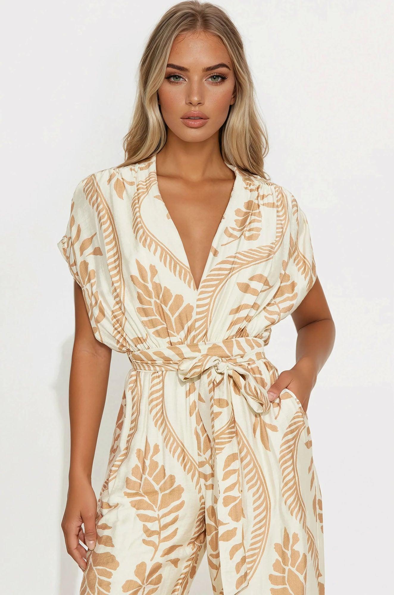 Tori Short Sleeve V-Neck Jumpsuit - Cream/combo Product Image