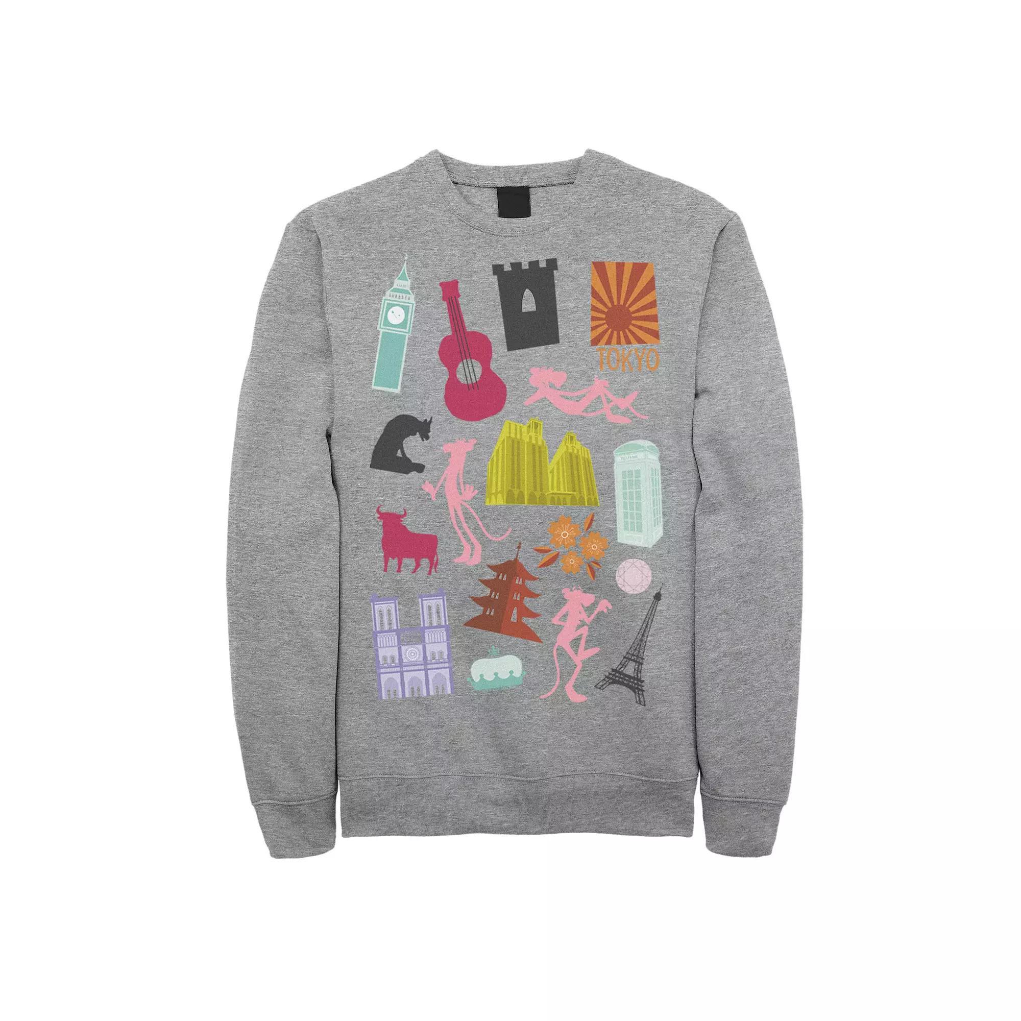 Men's Pink Panther Around The World Doodles Sweatshirt, Size: XXL, Athletic Grey Product Image
