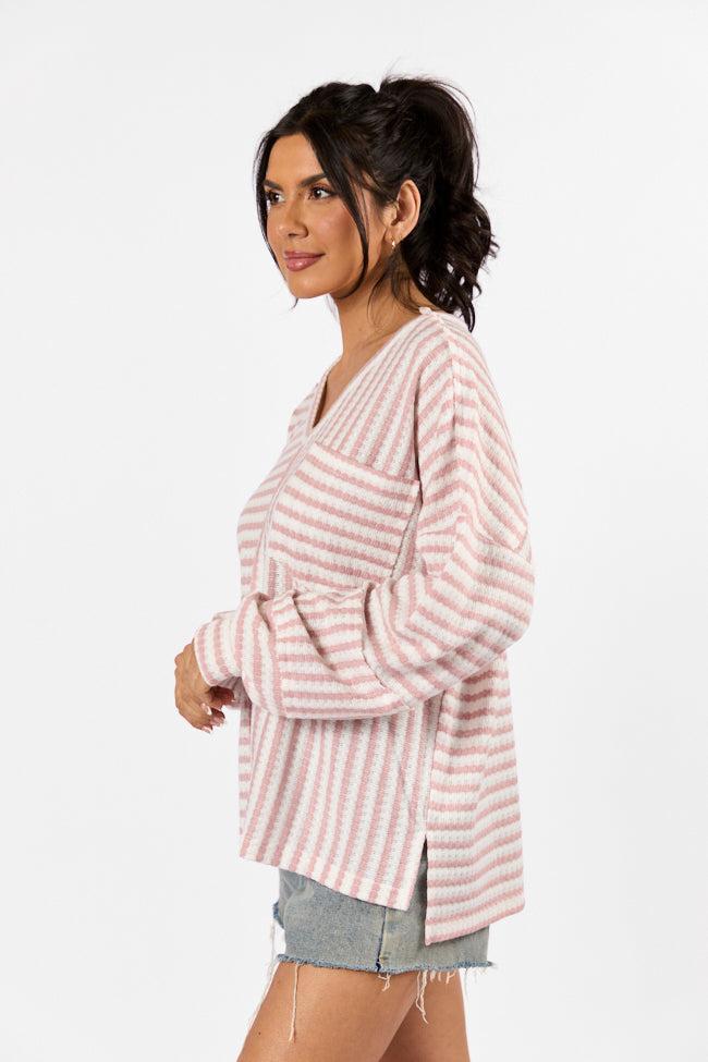 All For Sun Pink and Ivory Striped Knit V-Neck Long Sleeve Tee FINAL SALE Product Image