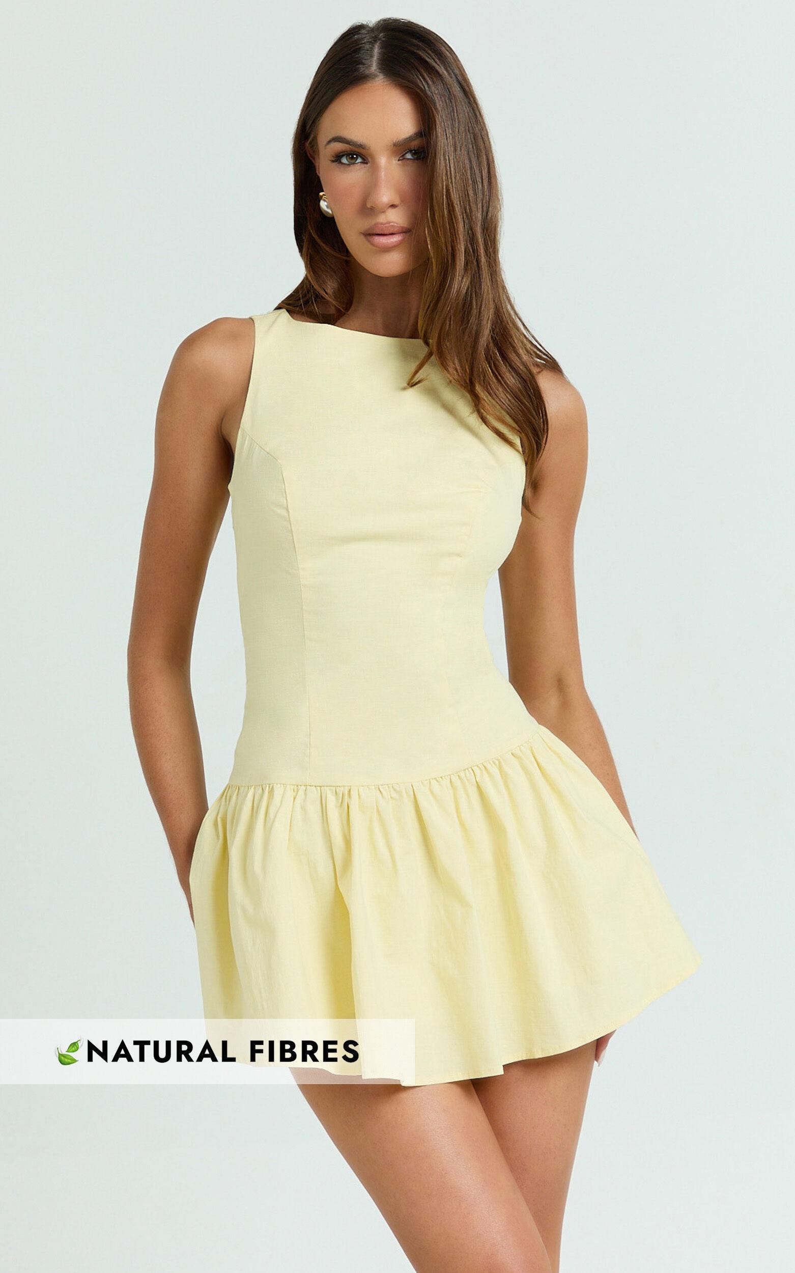 Izira Mini Dress - Boat Neck Drop Waist Shift Dress in Butter Yellow Product Image