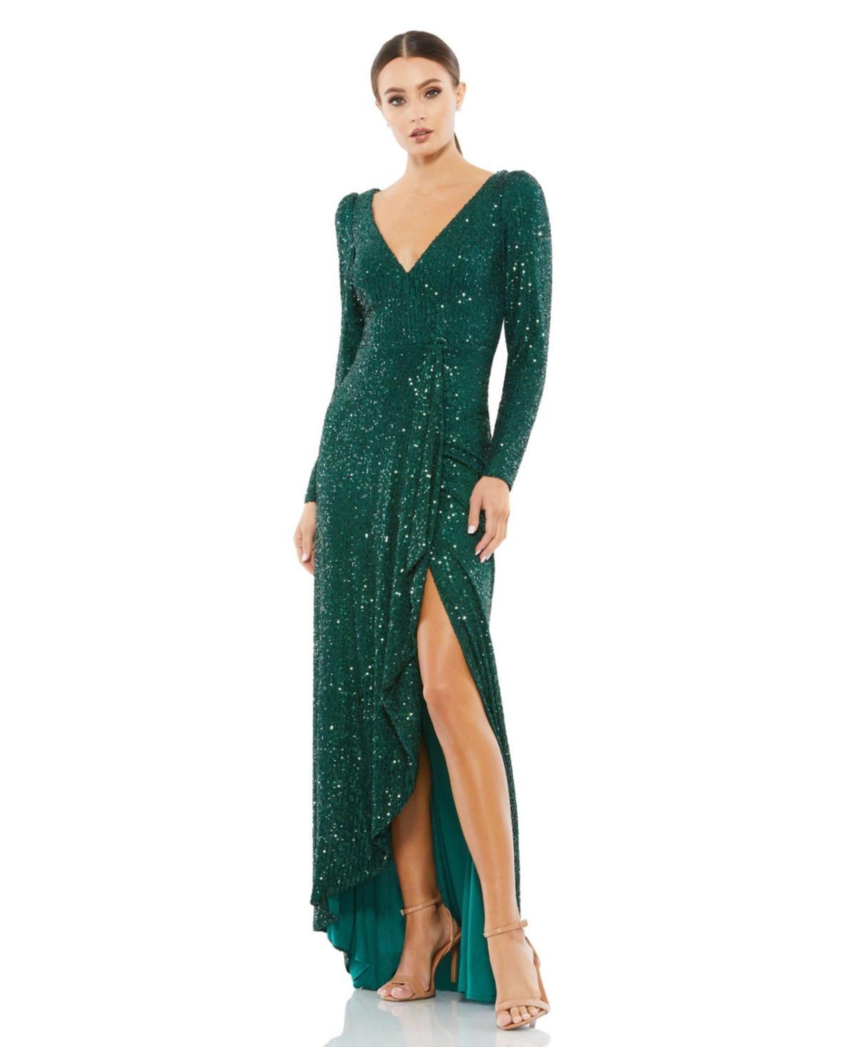 Mac Duggal Womens Ieena Sequined Faux Wrap Long Sleeve Gown Product Image