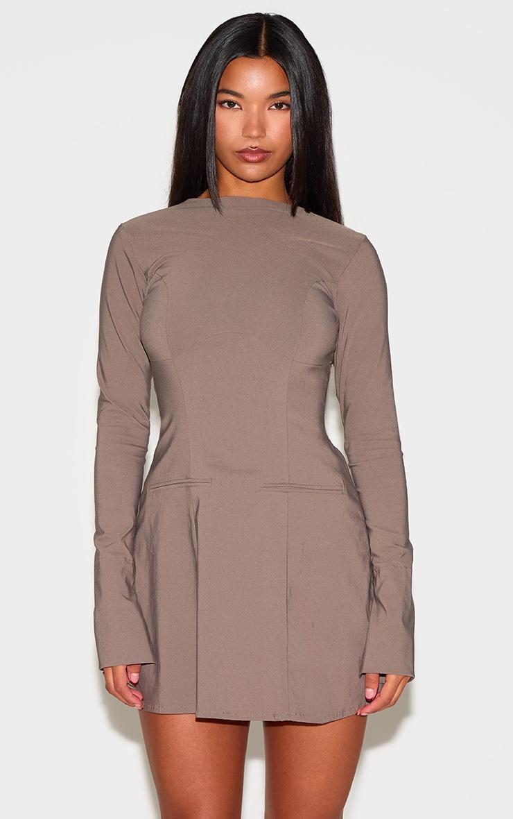 Mushroom Stretch Woven Boat Neck Flare Sleeve Shift Dress Product Image