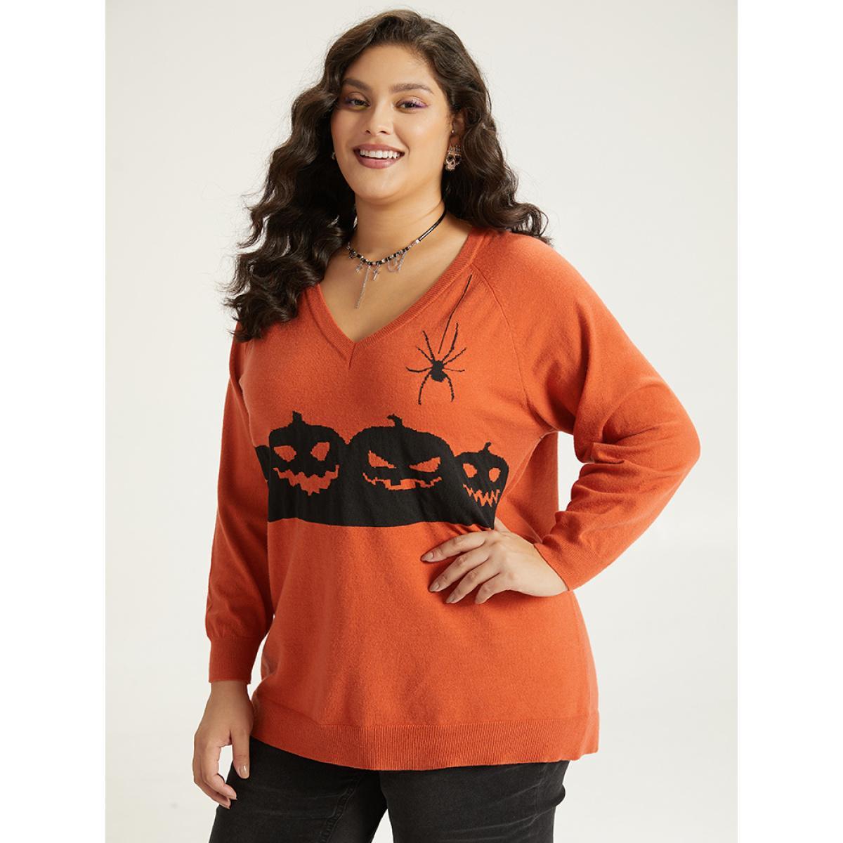Plus Size Halloween Graphic Pumpkin V Neck Pullover OrangeRed Women Casual Loose Long Sleeve V-neck Dailywear Pullovers BloomChic 26/4X Product Image