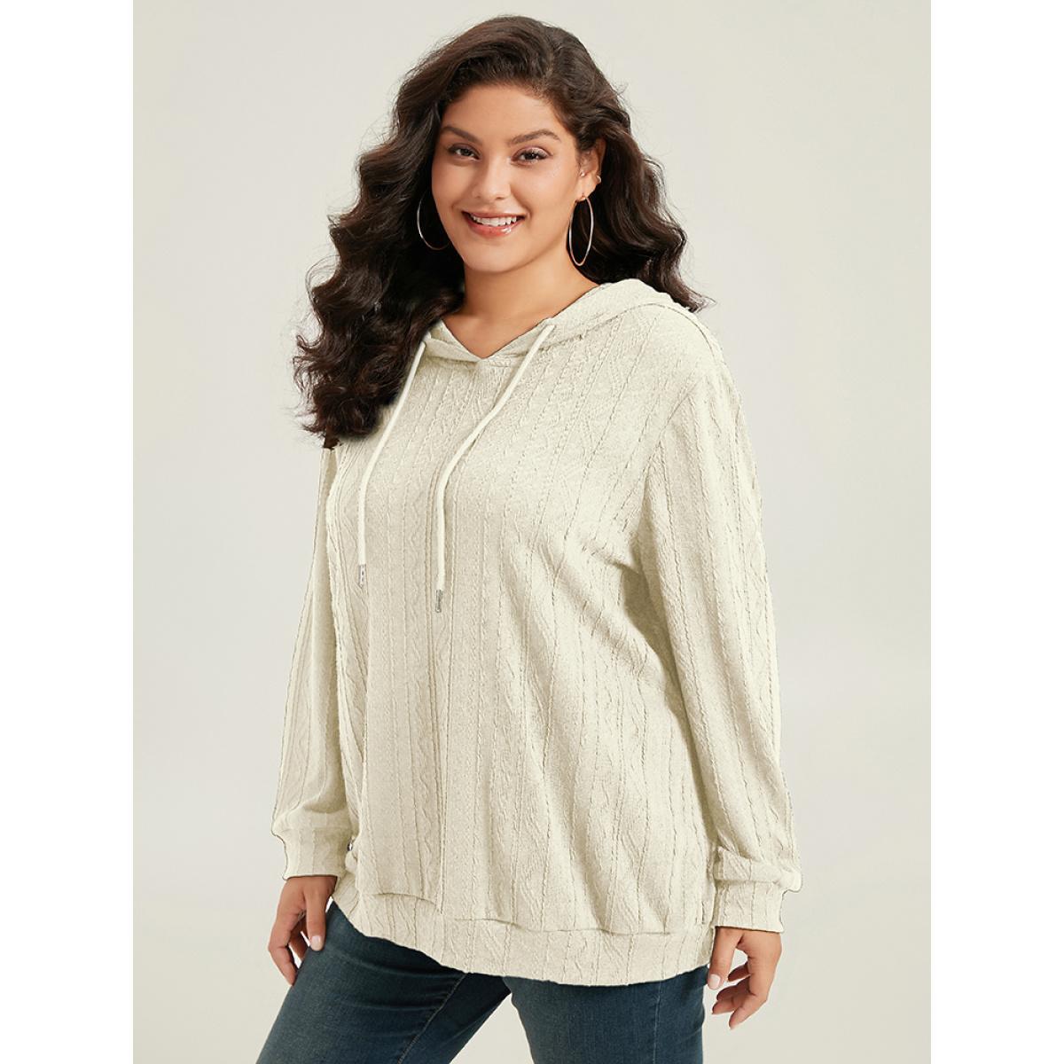 Plus Size Plain Textured Hooded Drawstring Sweatshirt Women White Casual Elastic cuffs Hooded Everyday Sweatshirts BloomChic 14-16/1X Product Image