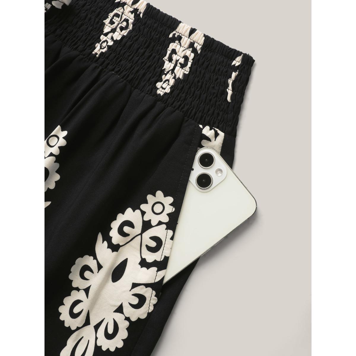 Plus Size Ornate Print Shirred Wide-Leg Pants Women Black Resort Wide Leg Mid Rise Vacation Pants BloomChic 26/4X Product Image