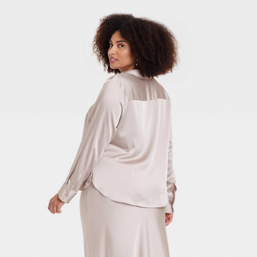 Women's Long Sleeve Satin Button-Down Shirt - A New Day™ Beige 4X Product Image