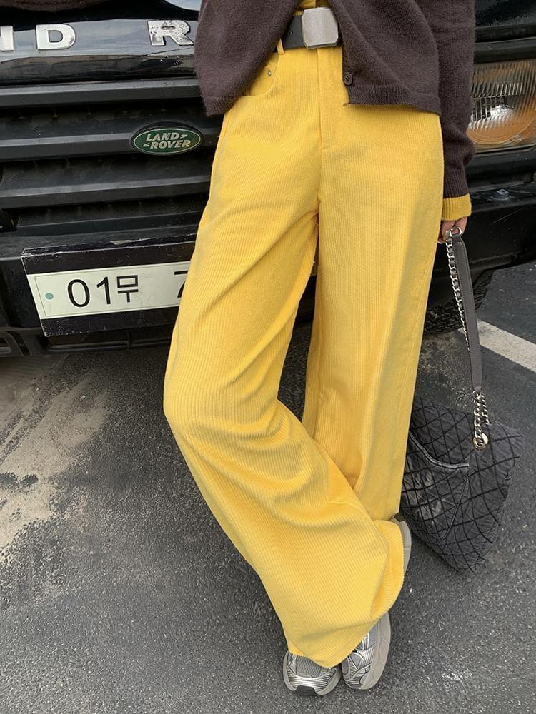 Round Neck Mock Two Piece Cardigan / High Waist Plain Corduroy Wide Leg Pants / Belt / Set Product Image