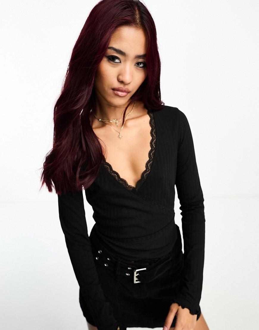 Miss Selfridge wrap rib top with lace trim detail Product Image