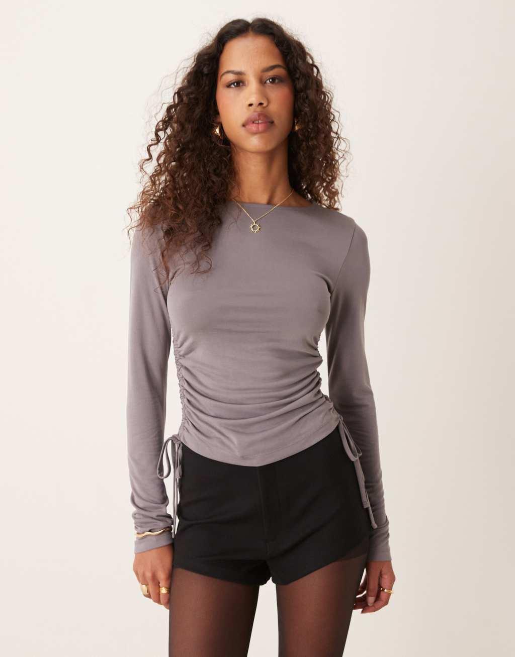 ASOS DESIGN soft handle long sleeve top with ruched sides in slate gray Product Image
