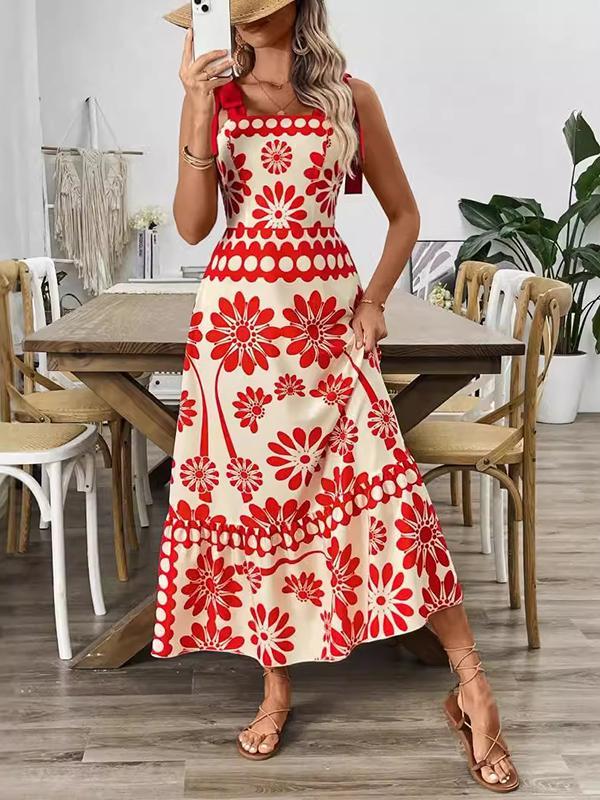 A-Line Loose Elasticity Flower Print Pleated Tied Spaghetti-Neck Midi Dresses Product Image