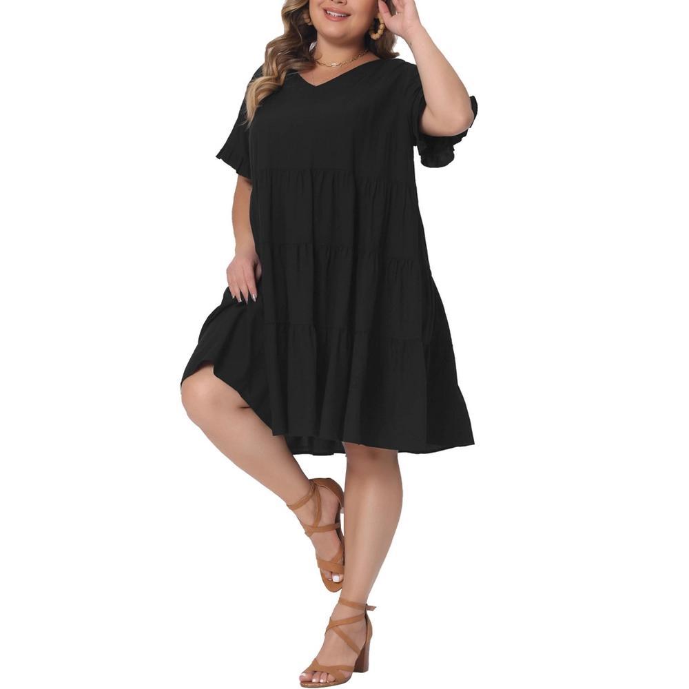 Agnes Orinda Women's Plus Size V Neck Ruffle Sleeve with Pockets Swing Tiered A Line Dresses Product Image