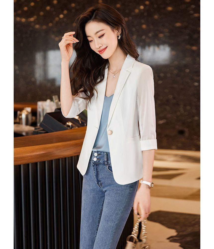 Elbow-Sleeve Plain Single-Button Blazer Product Image