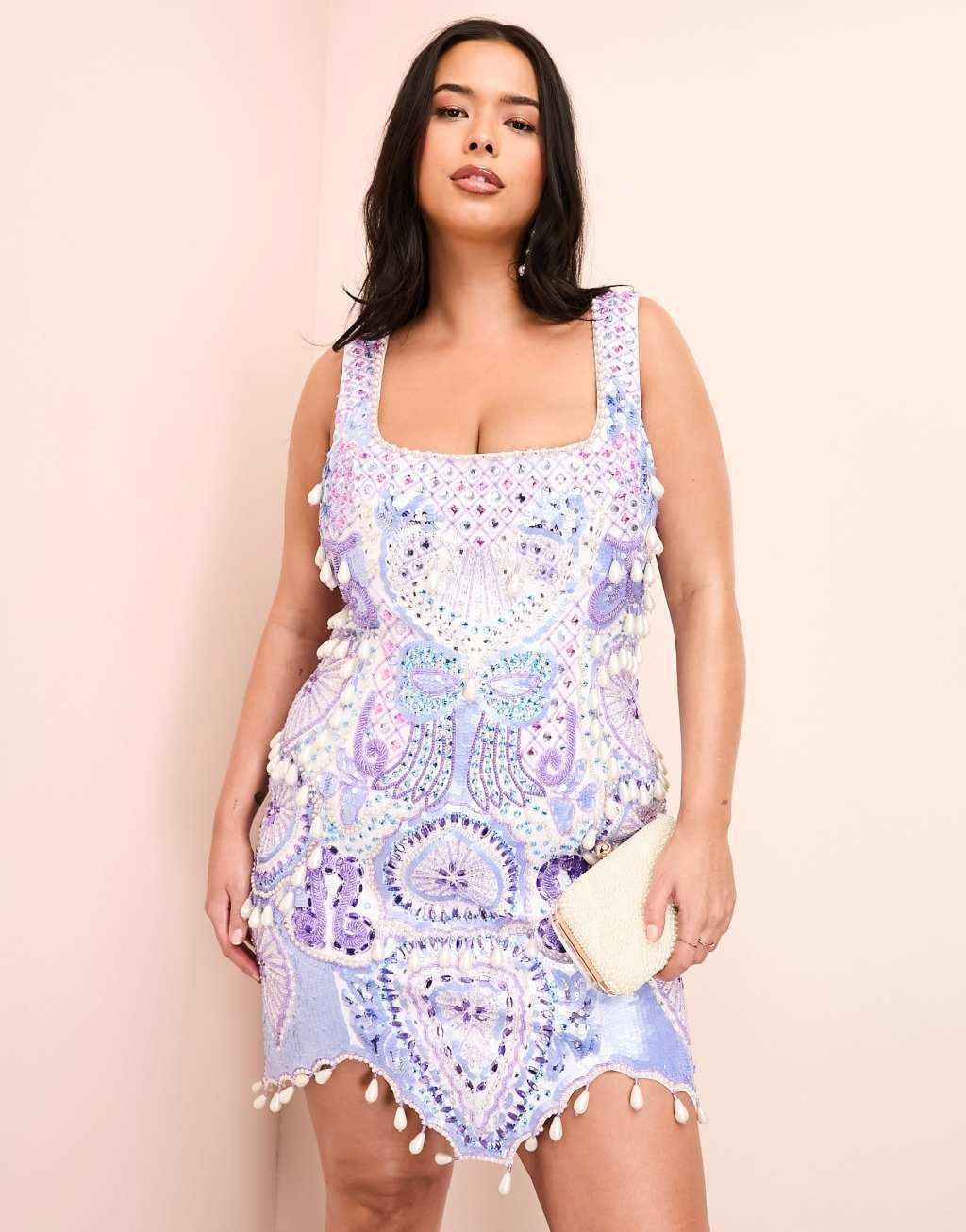 ASOS LUXE Curve gem encrusted mini dress with pearl embellishment & scalloped hem in blue Product Image