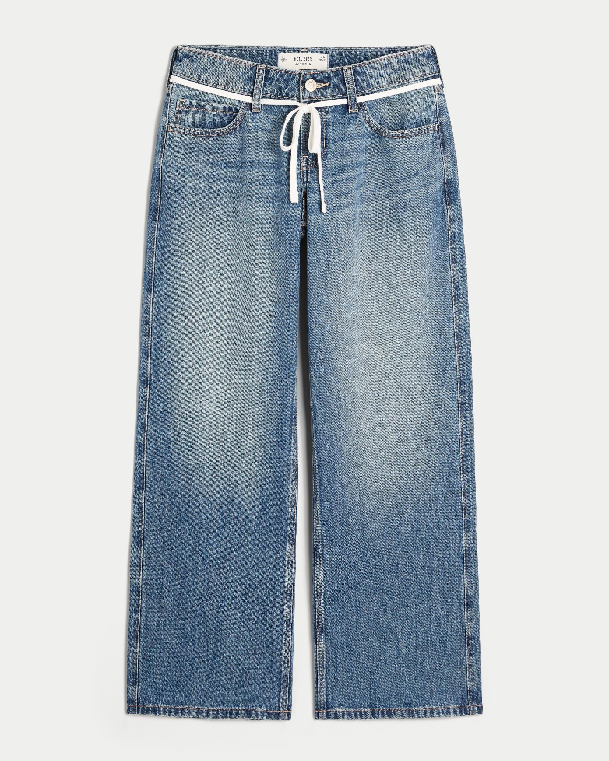 Low-Rise Medium Wash Shoestring Waist Baggy Jeans Product Image