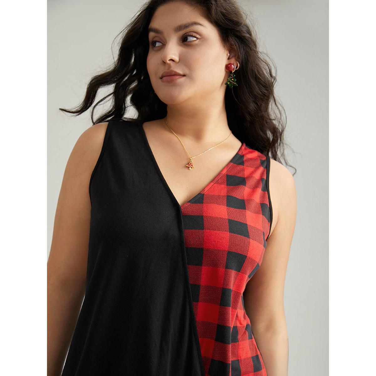 Plus Size V Neck Plaid Patchwork Contrast Tank Top Women Black Casual Contrast V-neck Festival-Christmas Tank Tops Camis BloomChic 12/L Product Image