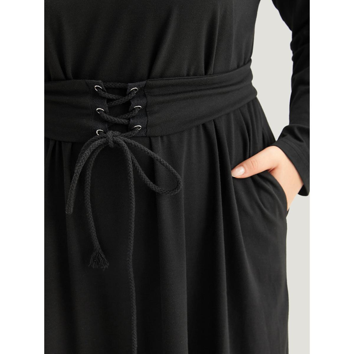 Plus Size Solid Pocket Drawstring Ties Dress Black Women Casual Plain Round Neck Long Sleeve Curvy Knee Dress BloomChic 14-16/1X Product Image