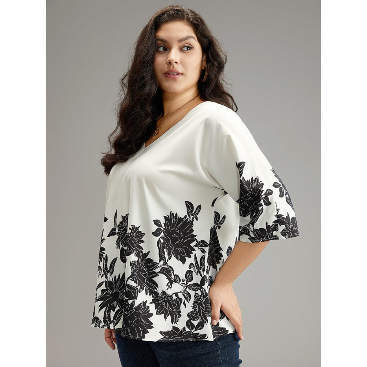 Plus Size White Boho Print V Neck Cut Out Blouse Women Elegant Elbow-length sleeve V-neck Dailywear Blouses BloomChic 28/5X Product Image