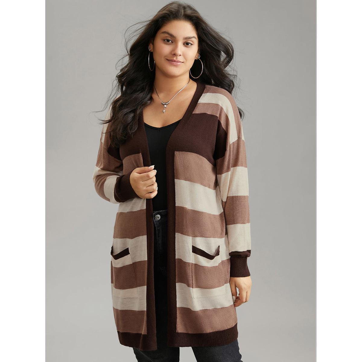 Plus Size Supersoft Essentials Colorblock Contrast Pocket Cardigan DarkBrown Women Casual Loose Long Sleeve Dailywear Cardigans BloomChic 14-16/1X Product Image