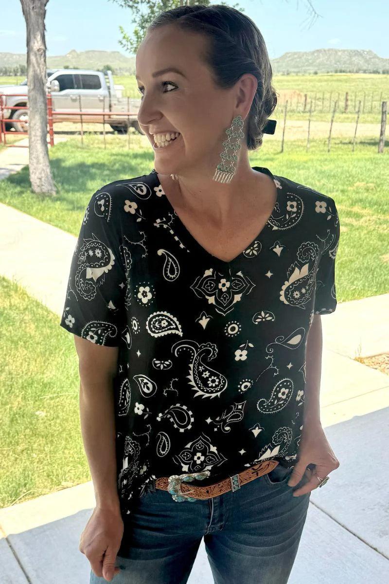 Sterling Kreek Black Bandana Babe V Neck Top Product Image