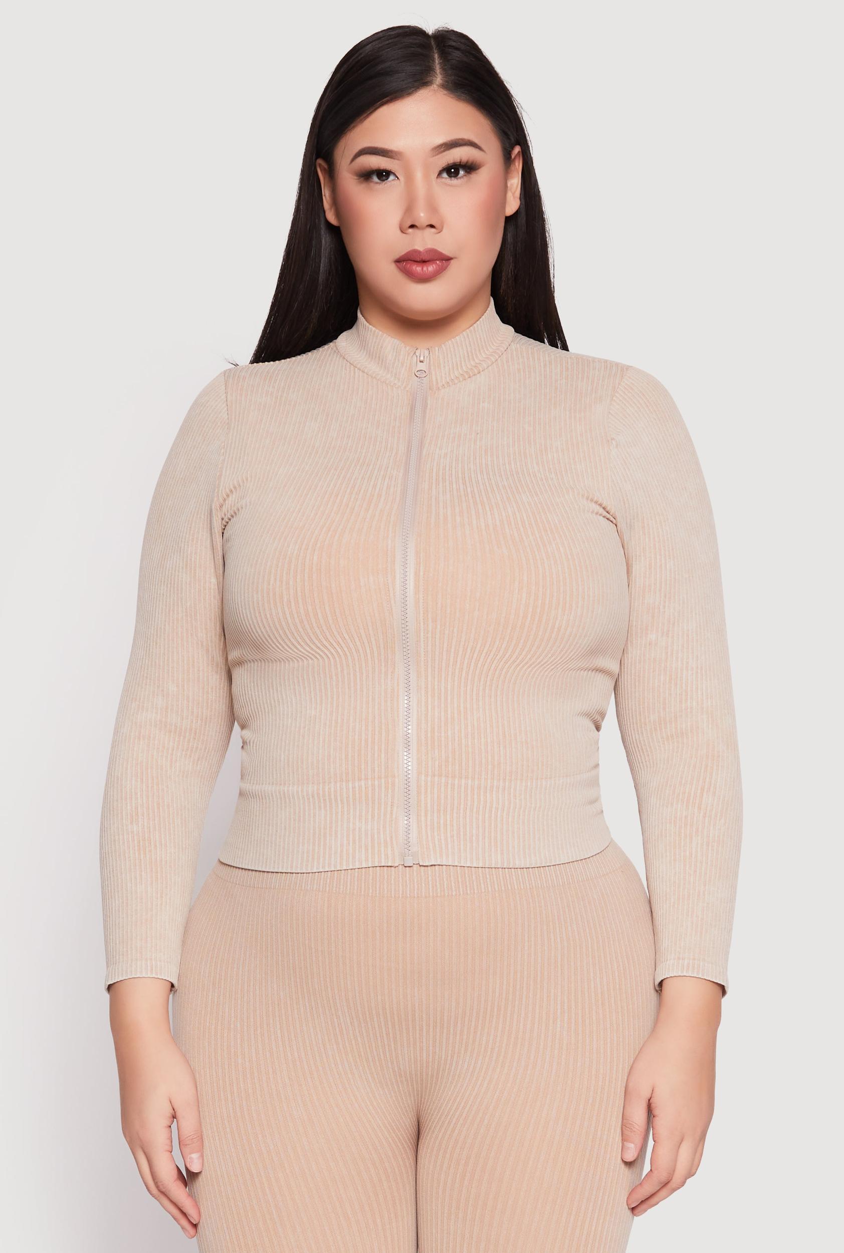 Womens Plus Size Seamless Acid Wash Zip Front Top Product Image