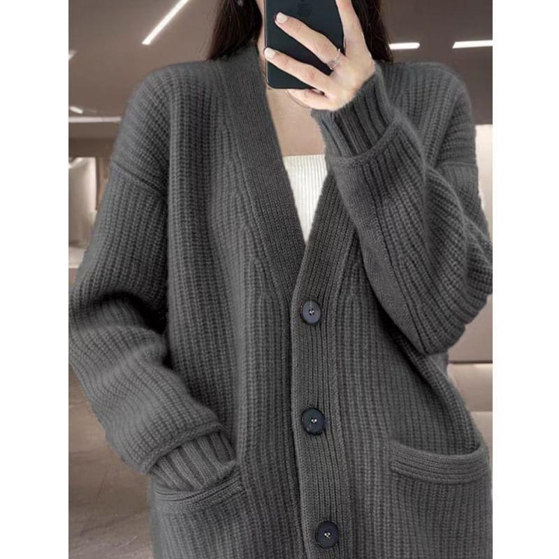 V-Neck Plain Button-Up Cardigan Product Image