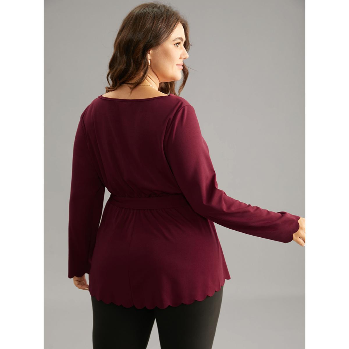 Plus Size Scarlet Solid Scalloped Trim Elastic Waist Belted Blouse Women Office Long Sleeve Round Neck Party Blouses BloomChic 14-16/1X Product Image