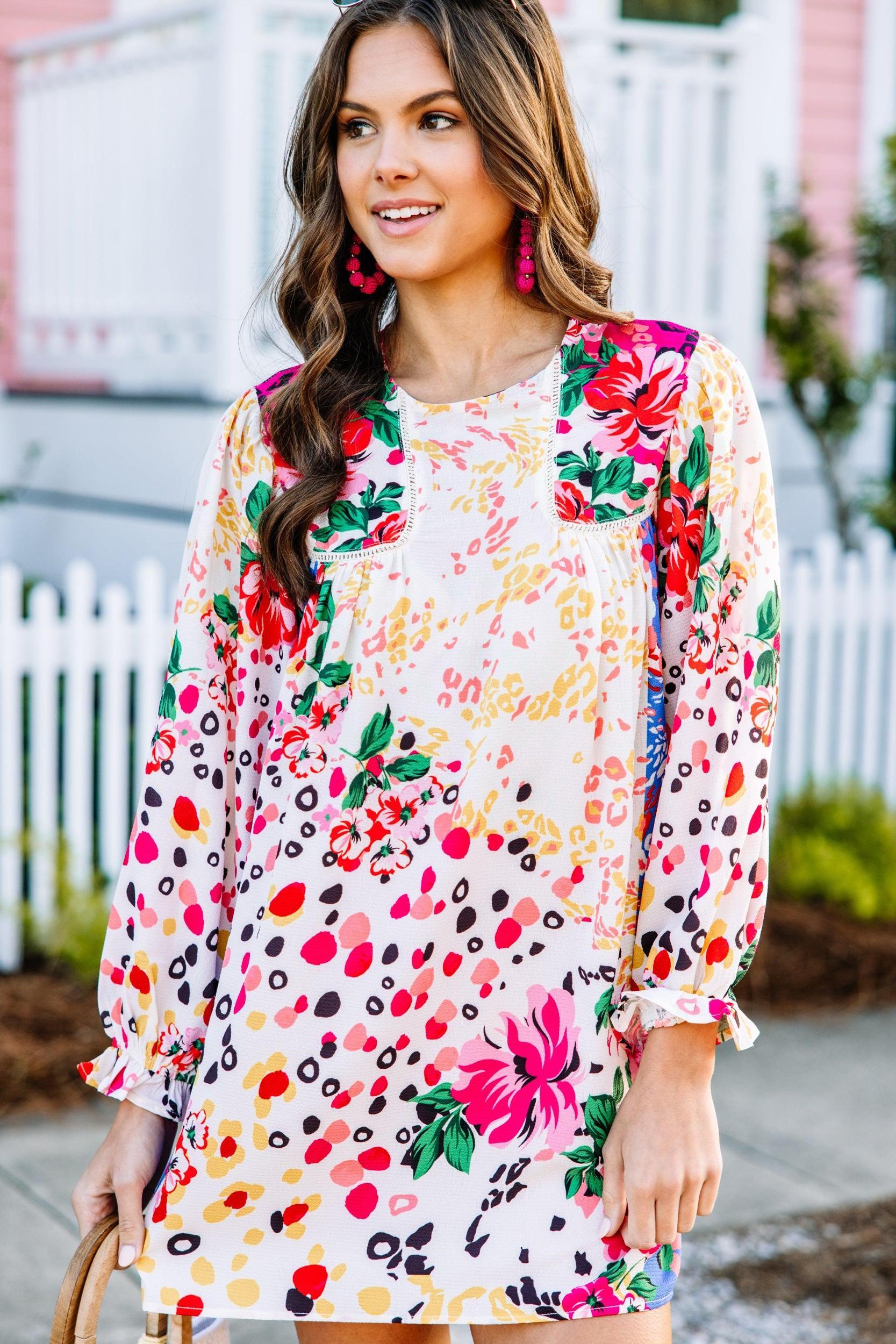Feeling Compelled Cream White Mixed Print Dress Female Product Image