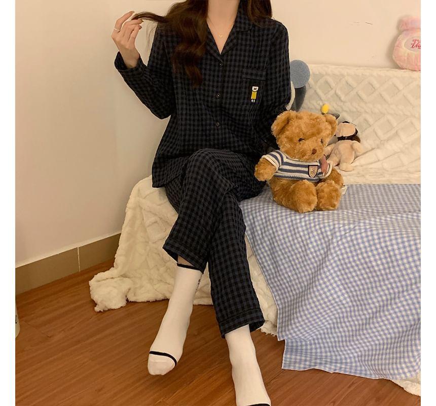 Pajama Set: Gingham Button-Up Shirt + Pants Product Image