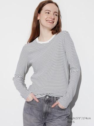 Womens Soft Ribbed T-Shirt Long Sleeve Striped Off White Medium UNIQLO US Product Image