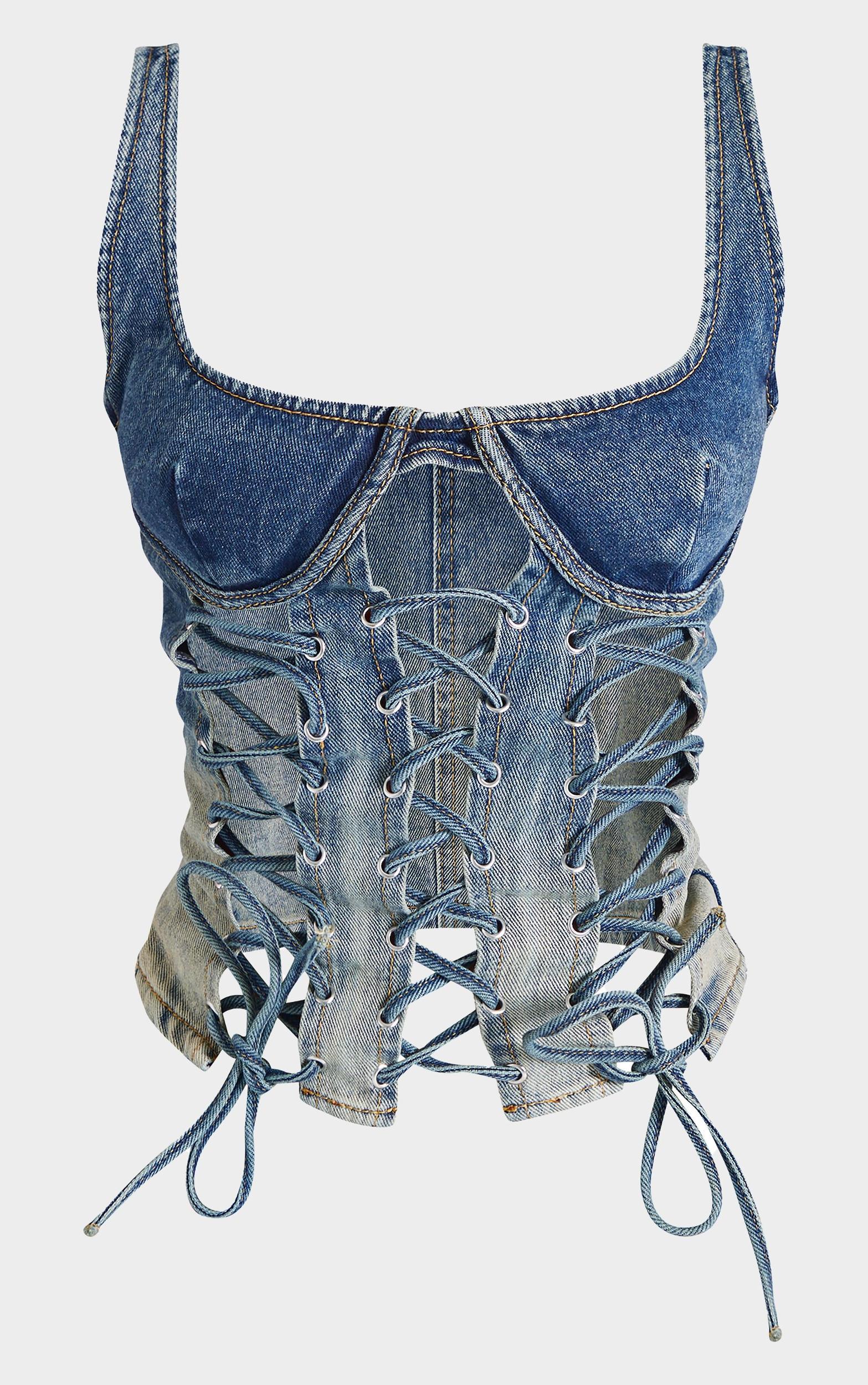 Petite Indigo Vintage Wash Lace Up Detail Denim Corset Product Image