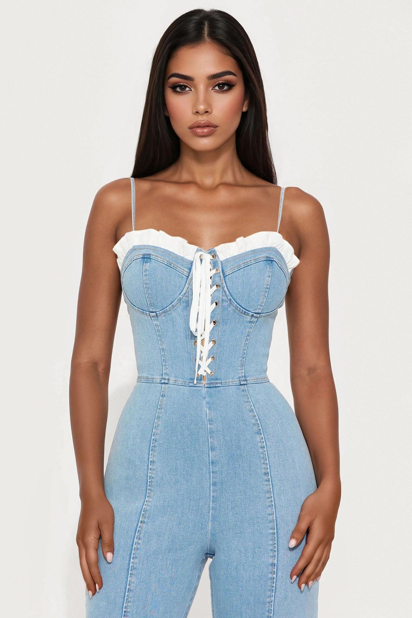 Sweet Side Washed Denim Jumpsuit - Light Wash Product Image