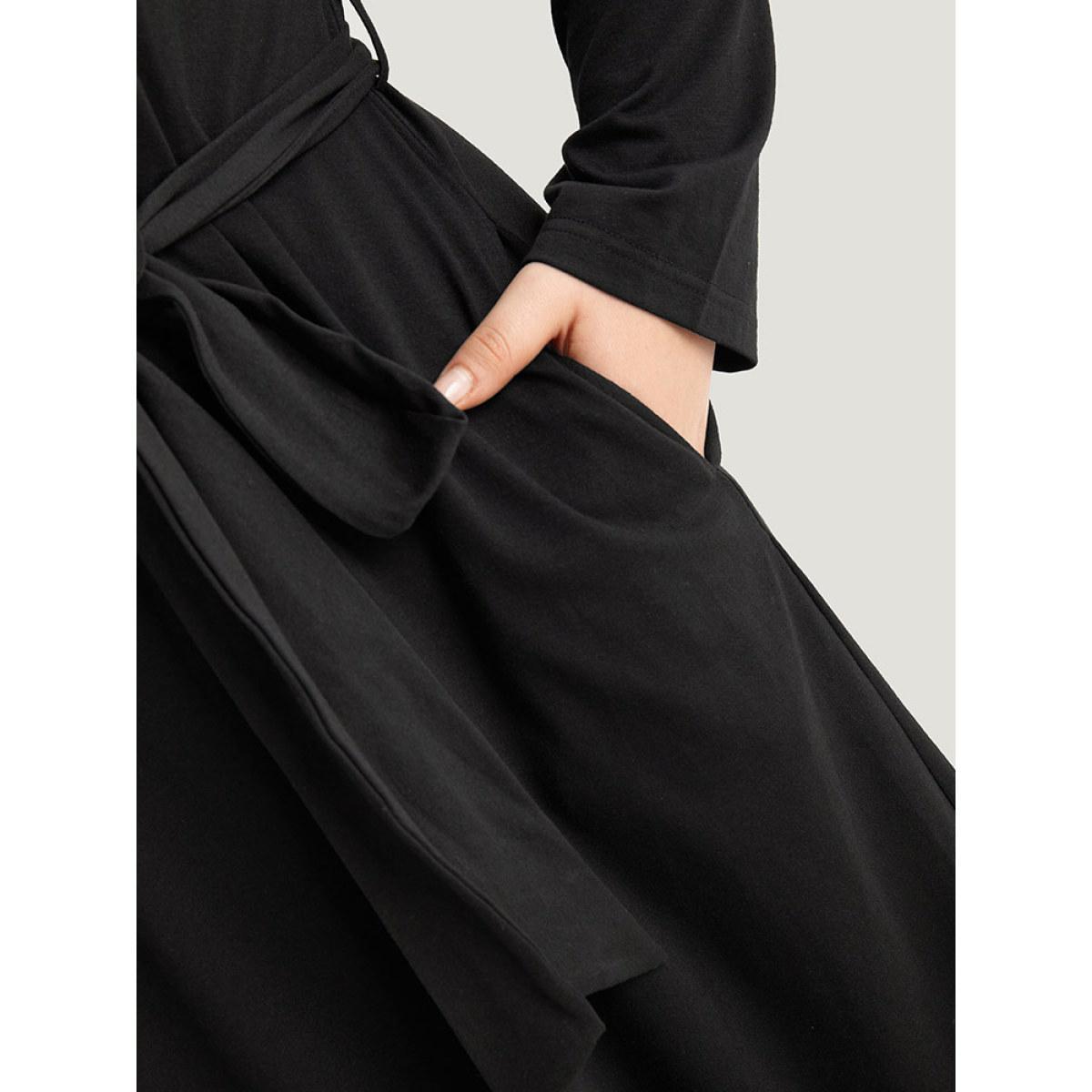 Plus Size Colorblock Patchwork Zipper Belted Dress Black Women Casual Belted Round Neck Long Sleeve Curvy Midi Dress BloomChic 10/M Product Image
