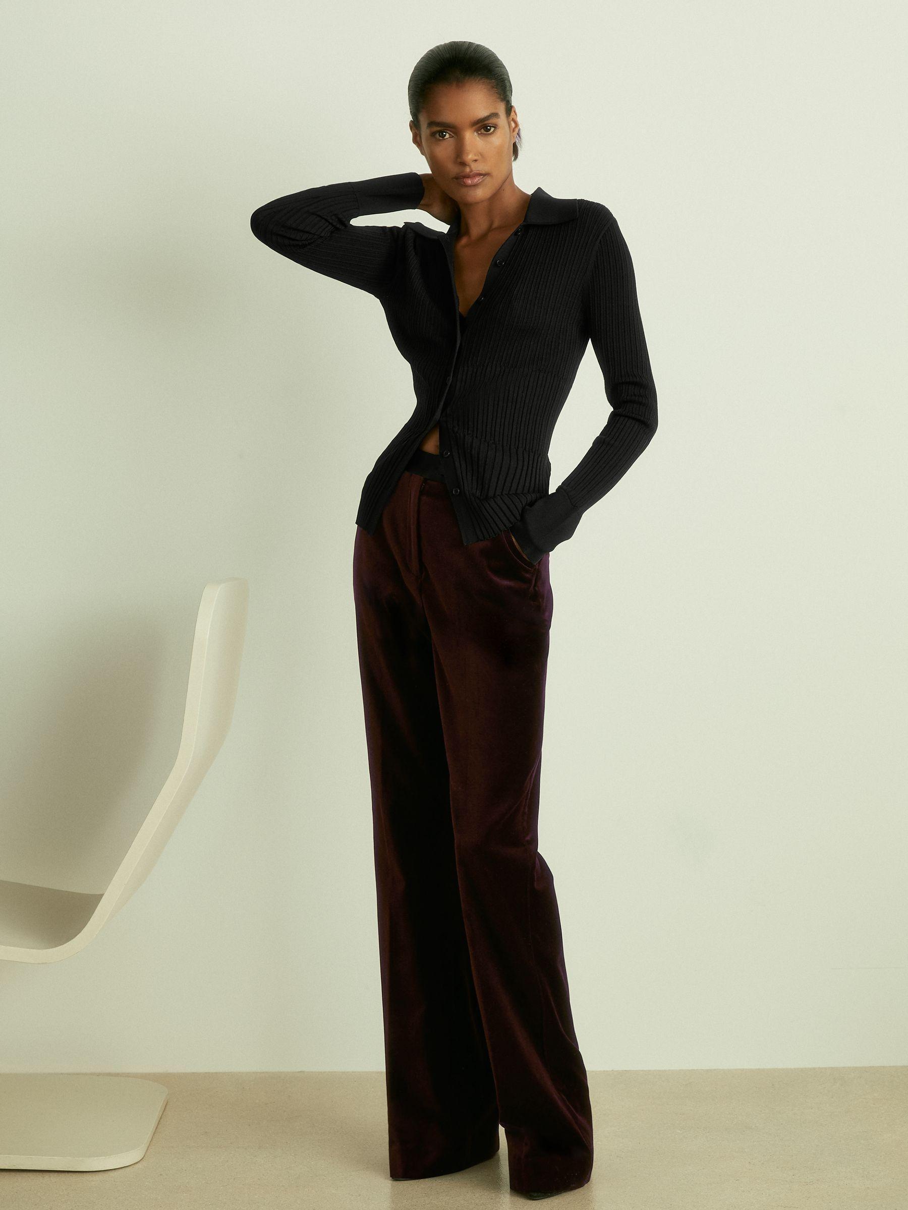 Petite Cotton-Velvet Flared Trousers in Burgundy Product Image