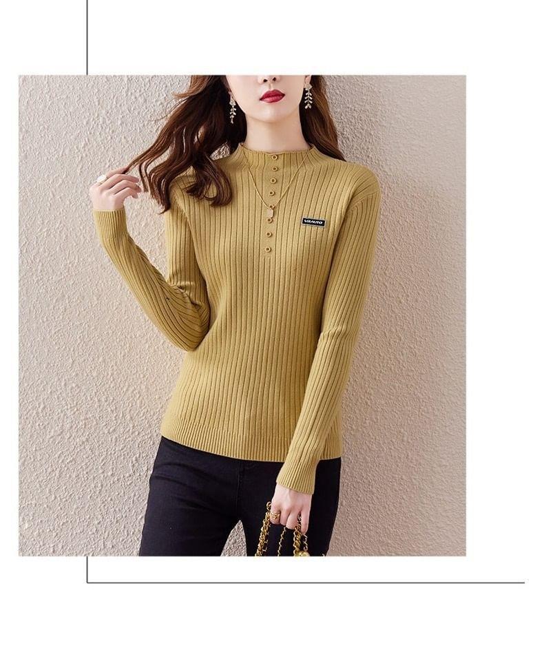 Long-Sleeve Mock Neck Lettering Applique Ribbed Knit Top Product Image