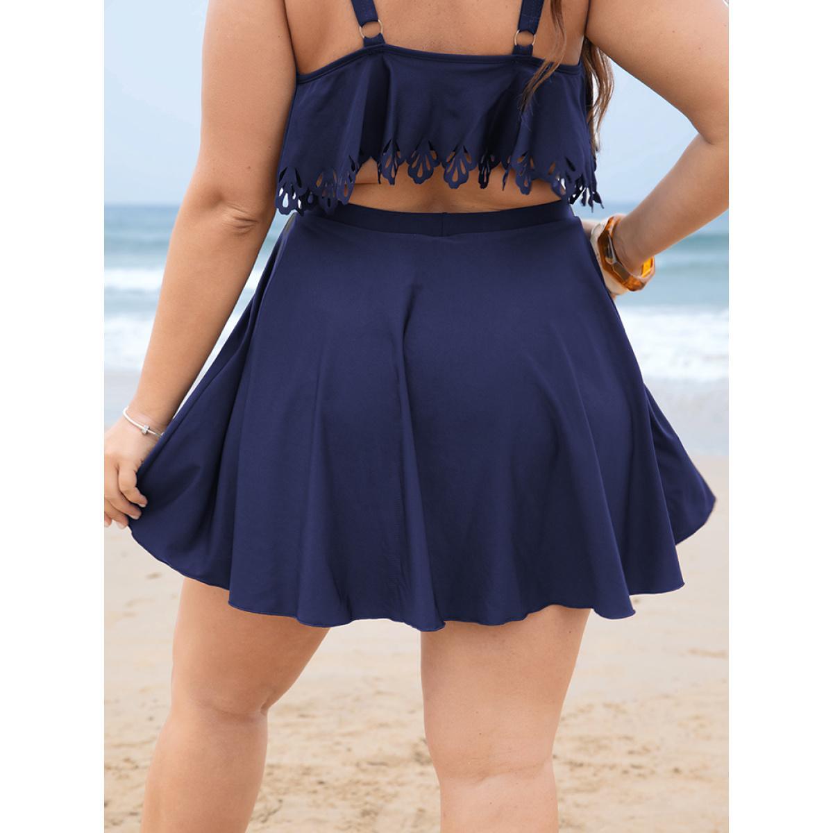 Plus Size Solid Pocket Ruffles Swim Skirt Women's Swimwear Indigo Beach Non High stretch Bodycon High Rise Slanted pocket Curve Swim Bottoms BloomChic 30/6X Product Image