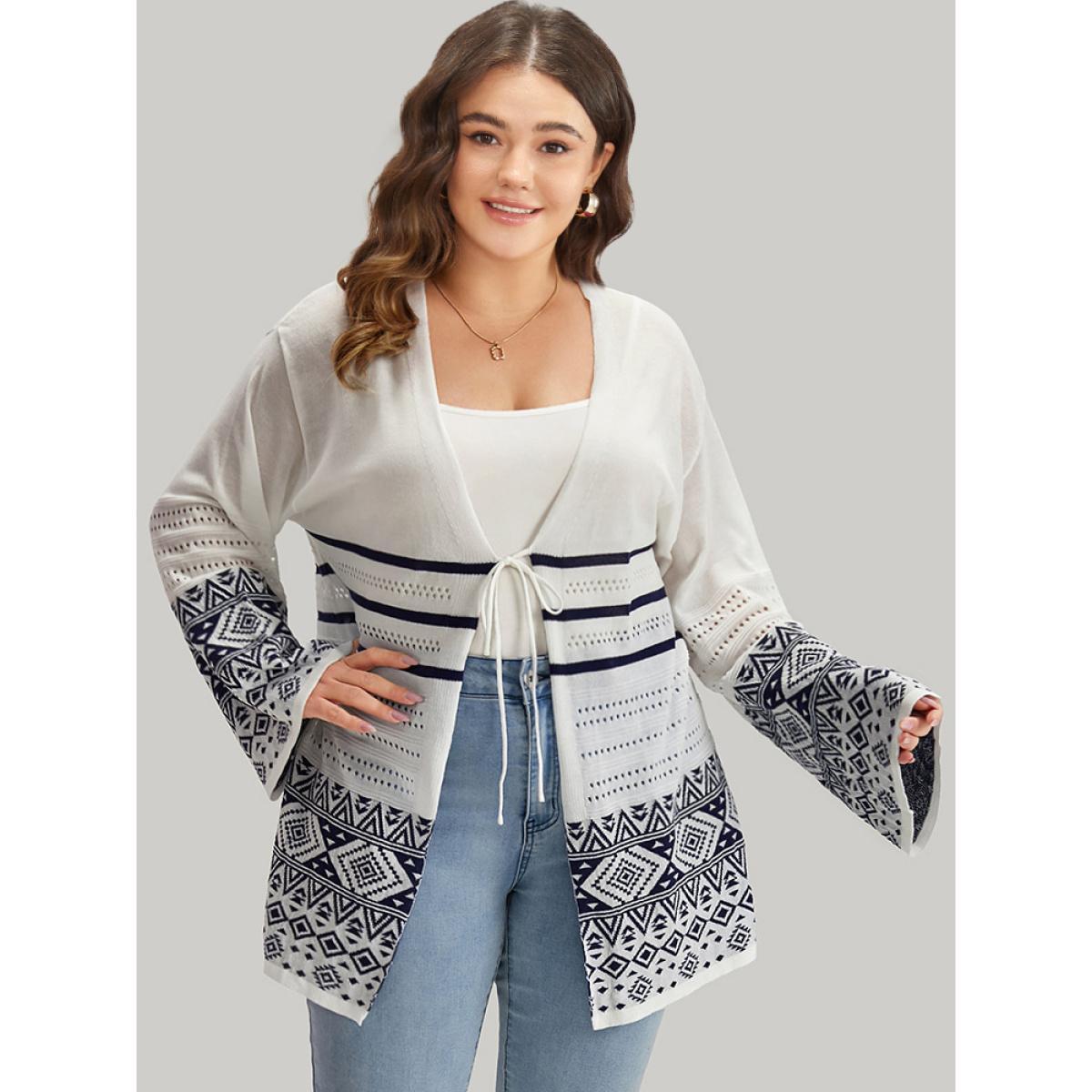 Plus Size Bandana Print Geo Eyelet Ties Front Cardigan WhiteSmoke Women Casual Loose Long Sleeve Everyday Cardigans BloomChic 28/5X Product Image