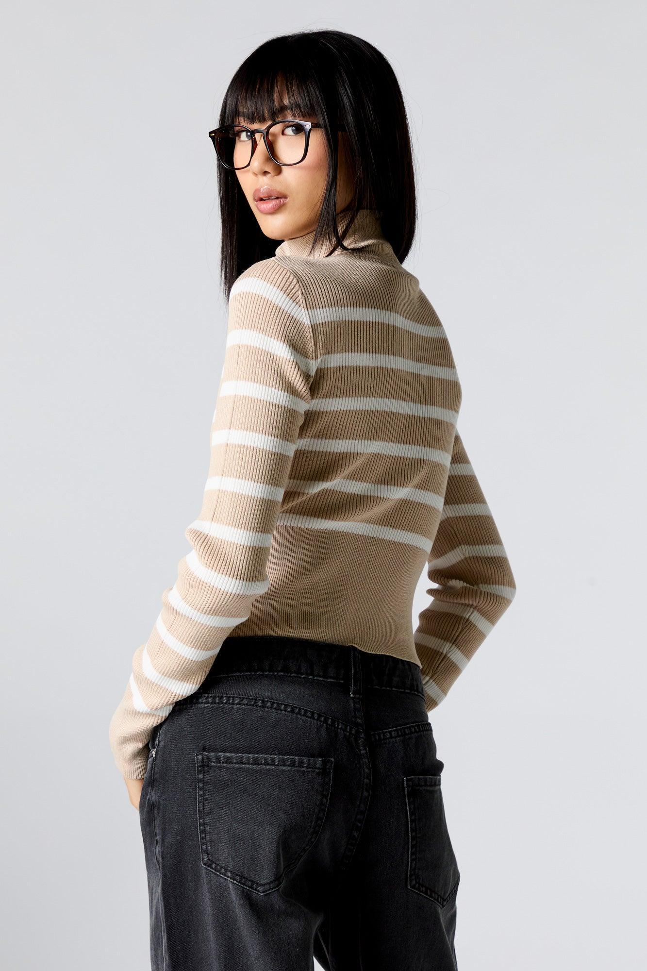 Striped Ribbed Knit Zip-Up Mock Neck Sweater Female Product Image