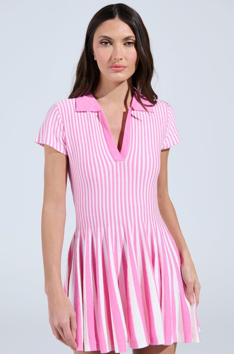 ALINA PLEATED KNIT FIT AND FLARE MINI DRESS IN PINK MULTI Product Image