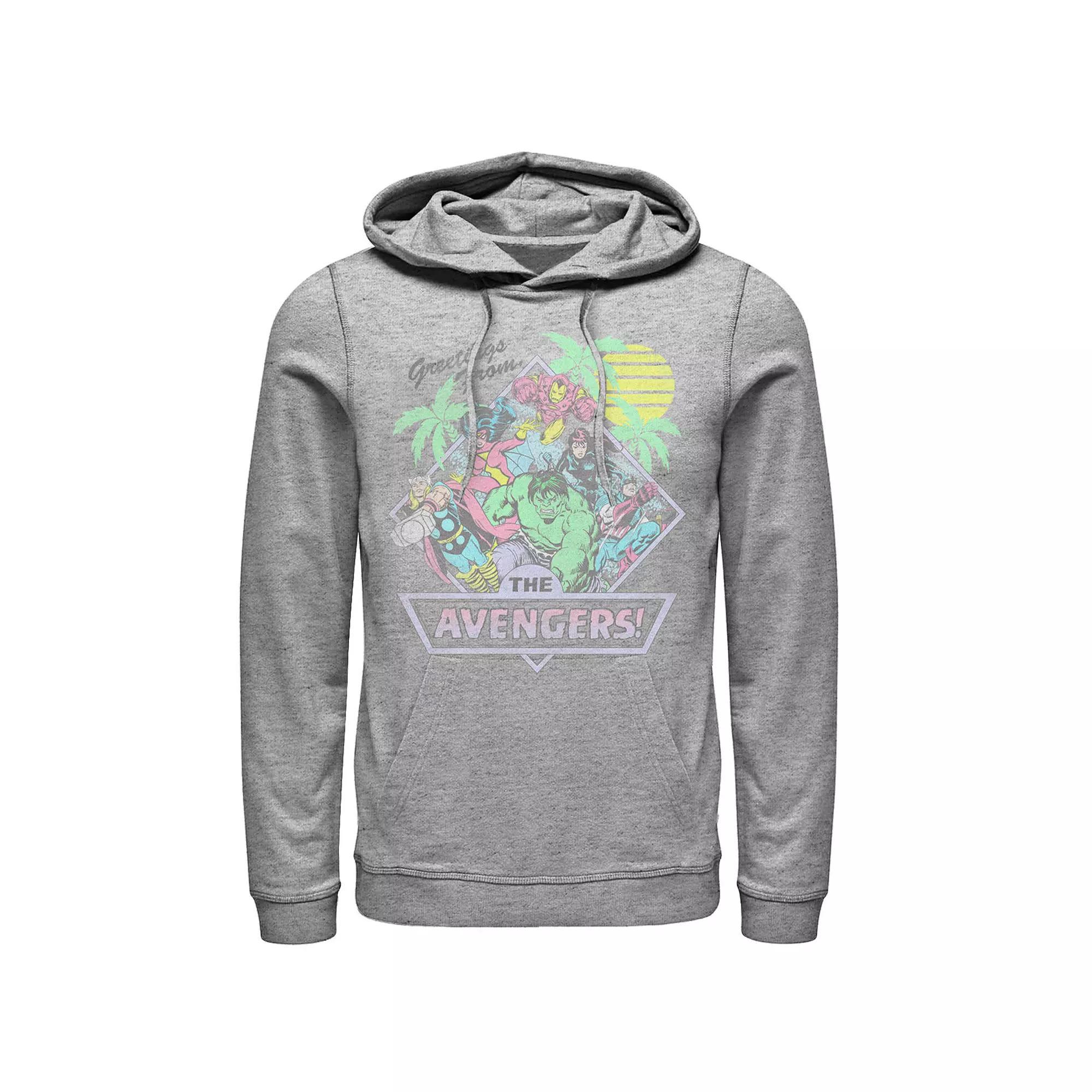 Men's Marvel Avengers Group Shot Greetings Post Card Hoodie, Size: Large, Athletic Grey Product Image