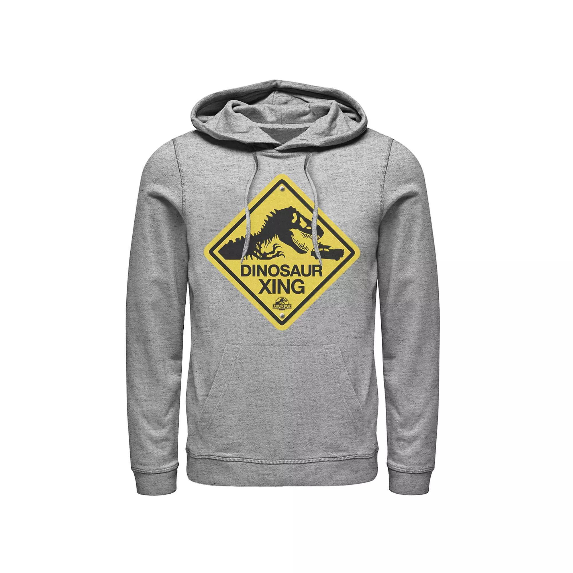 Men's Jurassic Park Dinosaur Crossing Yellow Sign Pullover Hoodie, Size: Small, Grey Heather Product Image