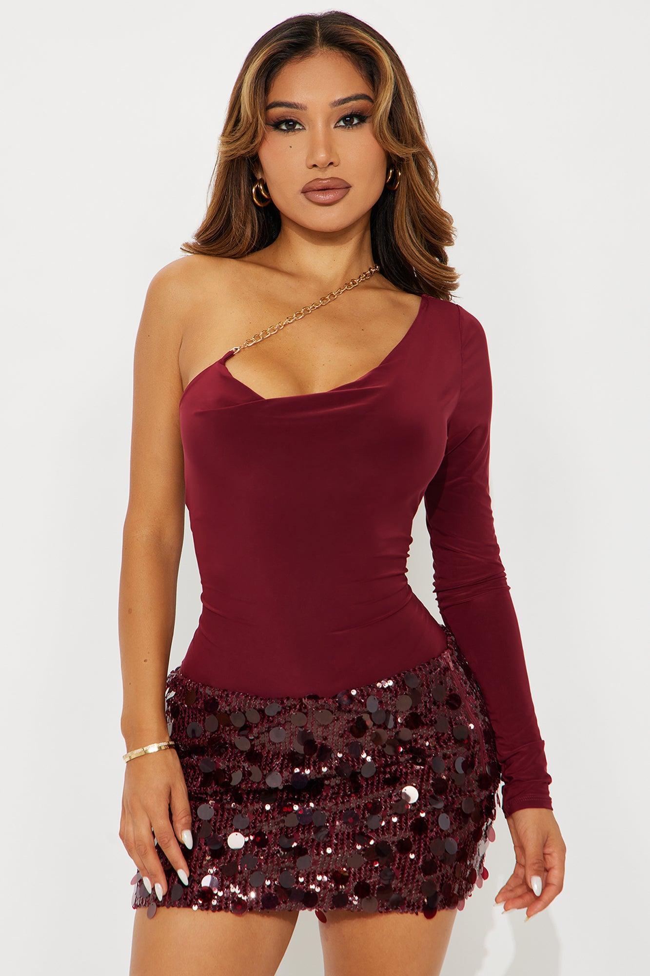 Nothing To Lose One Shoulder Bodysuit - Burgundy Product Image