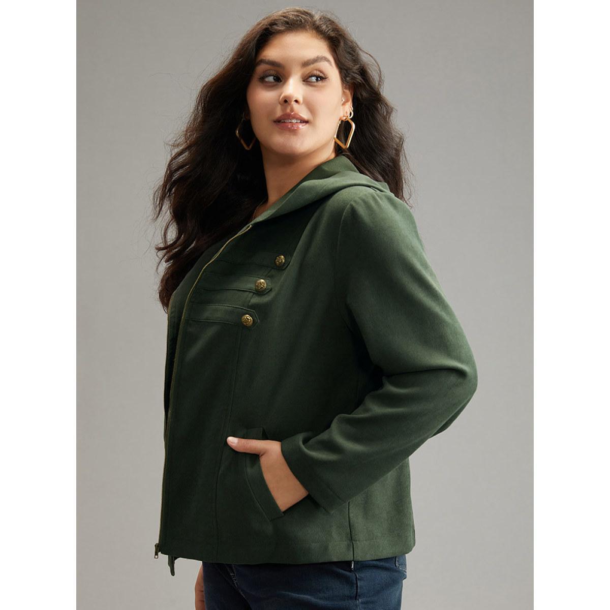 Plus Size Solid Metal Detail Hooded Zipper Jacket Women ArmyGreen Casual Plain Ladies Everyday Winter Coats BloomChic 30/6X Product Image