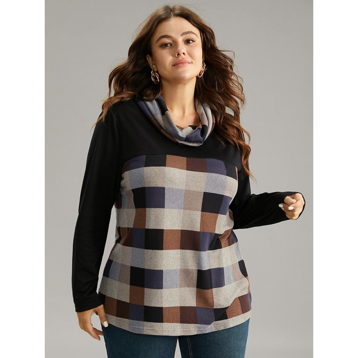 Plus Size Plaid Patchwork Contrast Cowl Neck T-shirt Black Women Casual Contrast Plaid Cowl Neck Dailywear T-shirts BloomChic 22-24/3X Product Image