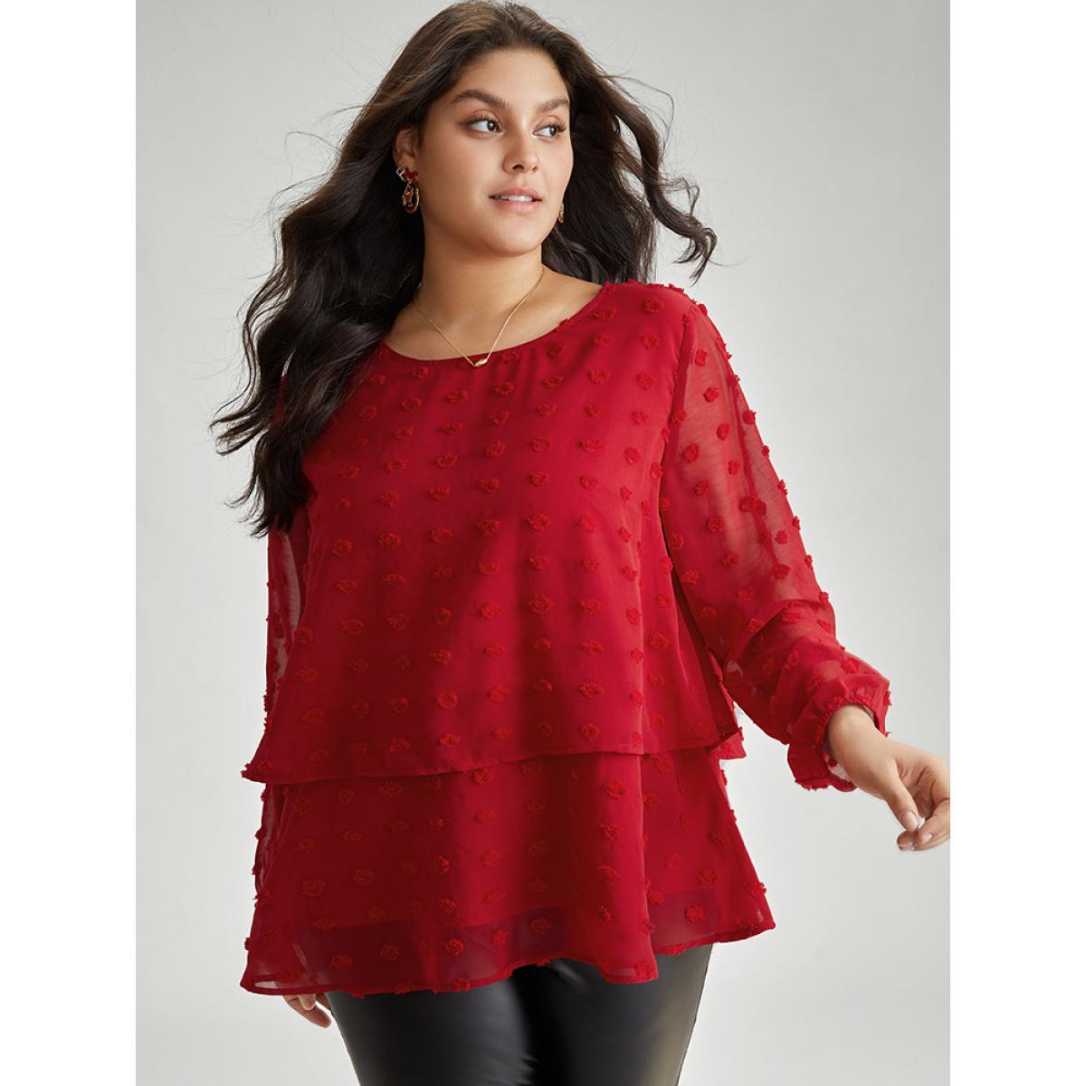 Plus Size Scarlet Solid Textured Lantern Sleeve Tiered Hem Blouse Women Elegant Long Sleeve Round Neck Everyday Blouses BloomChic 10/M Product Image