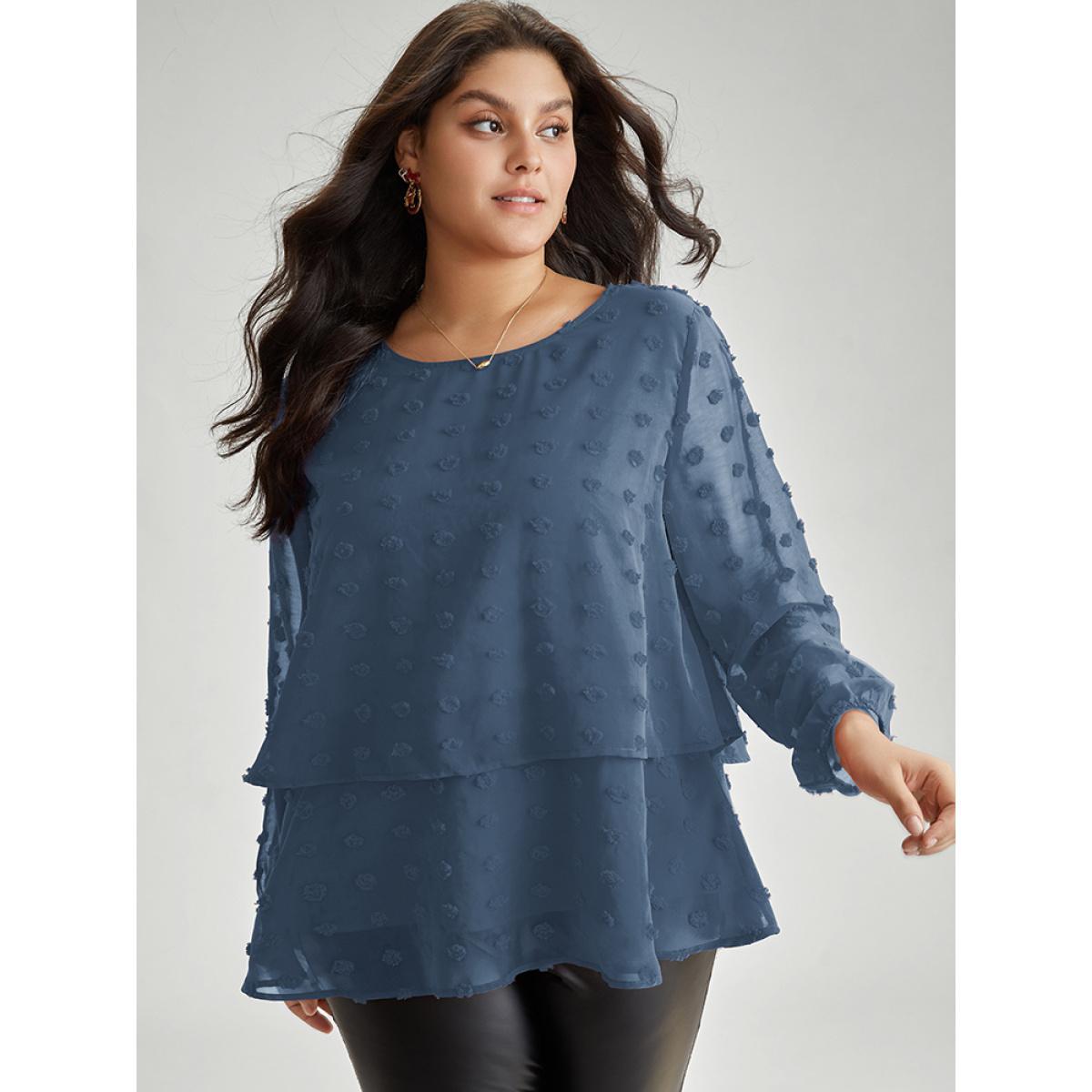Plus Size Stone Solid Textured Lantern Sleeve Tiered Hem Blouse Women Elegant Long Sleeve Round Neck Everyday Blouses BloomChic 28/5X Product Image