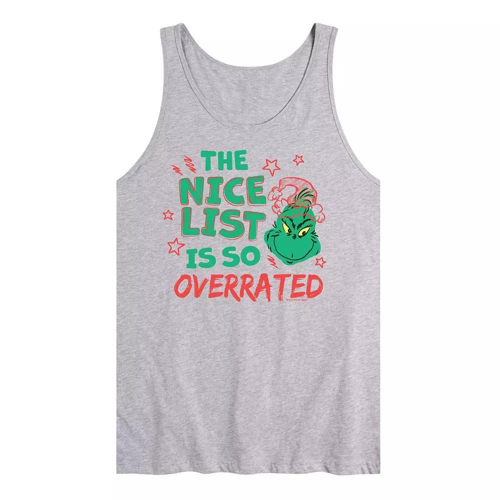 Mens Dr. Seuss The Grinch Nice List Overrated Graphic Tank Top Grey Gray Product Image