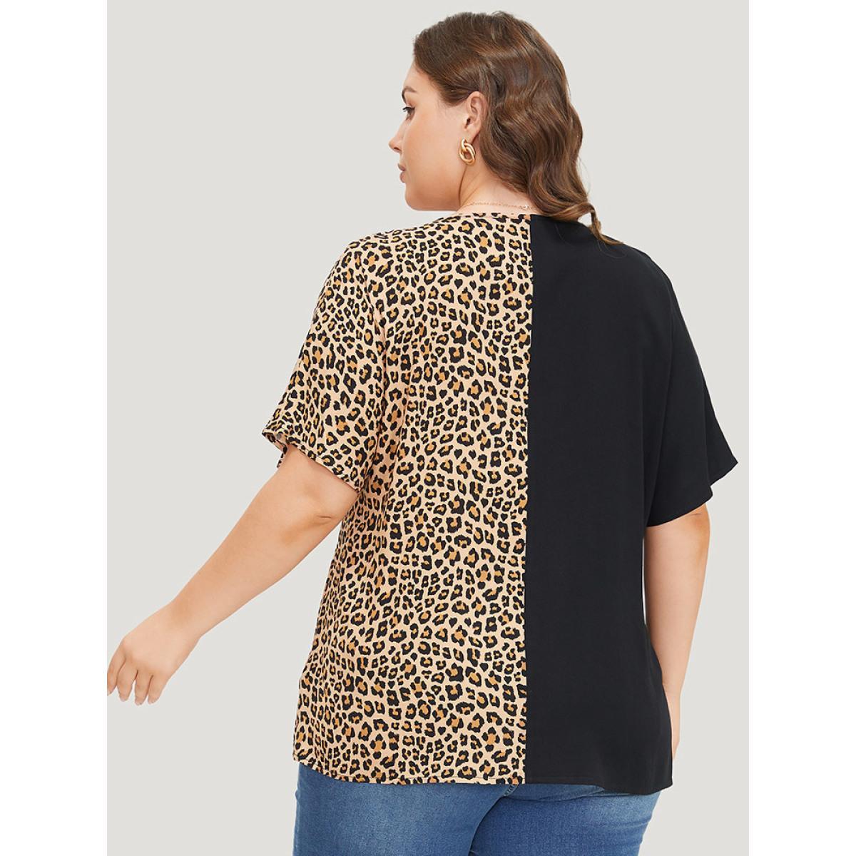 Plus Size Black Leopard Patchwork Dolman Sleeve Blouse Women Elegant Short sleeve V-neck Dailywear Blouses BloomChic 10/M Product Image