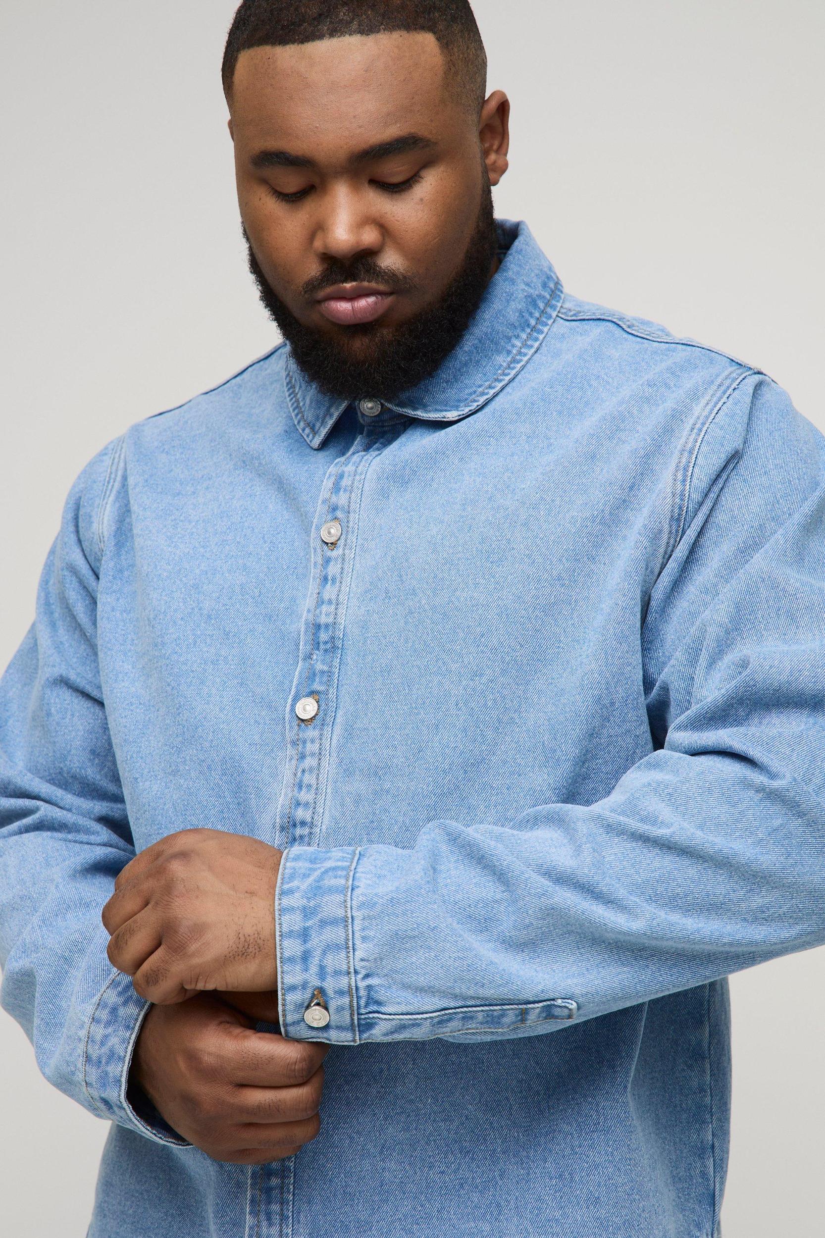 Plus Denim Shirt & Jort Set | boohooMAN USA Product Image