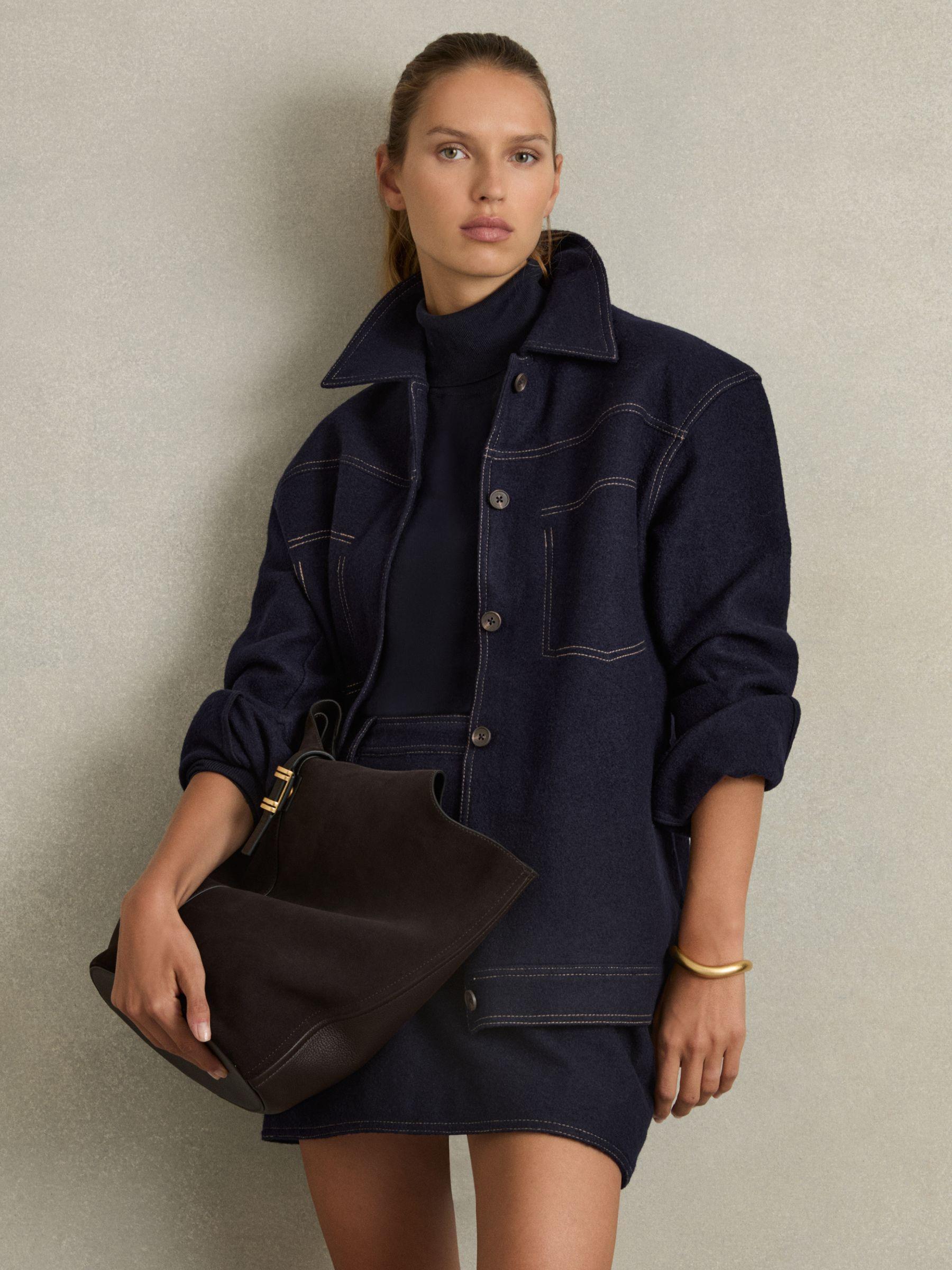 Wool-Blend Topstitch Woven Shirt in Navy Product Image